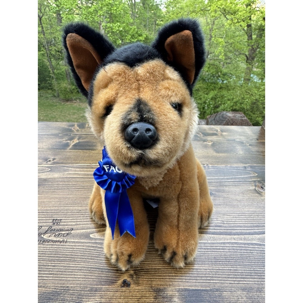 FAO Schwarz German Shepherd Plush Dog Stuffed Animal Puppy Blue Ribbon 10"